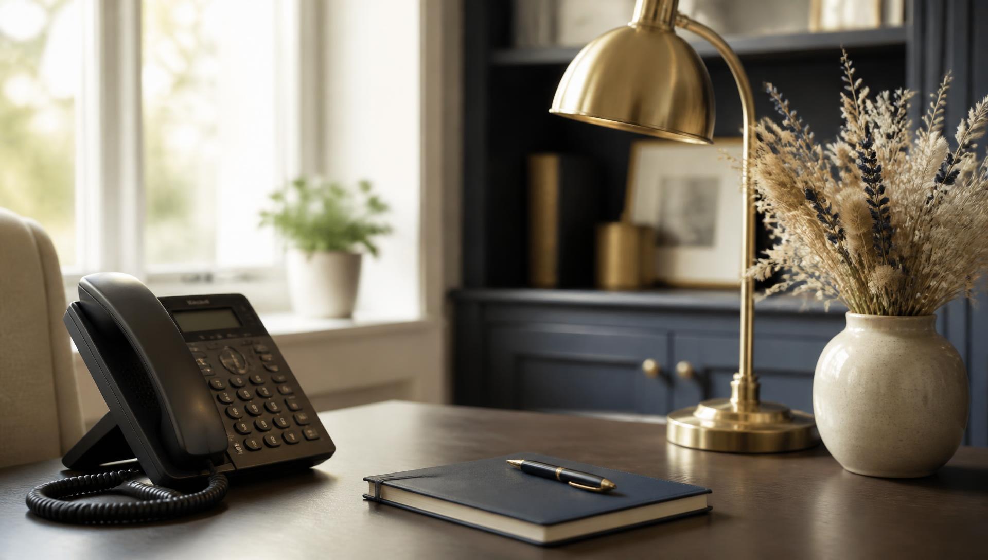 Office desk with phone, notebook and brass lamp